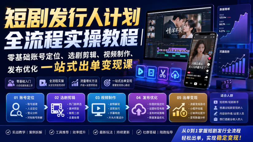 免费资源-短剧发行人计划全流程实操教程｜零基础账号定位、选剧剪辑、视频制作、发布优化一站式出单变现课​-知铺资源网
