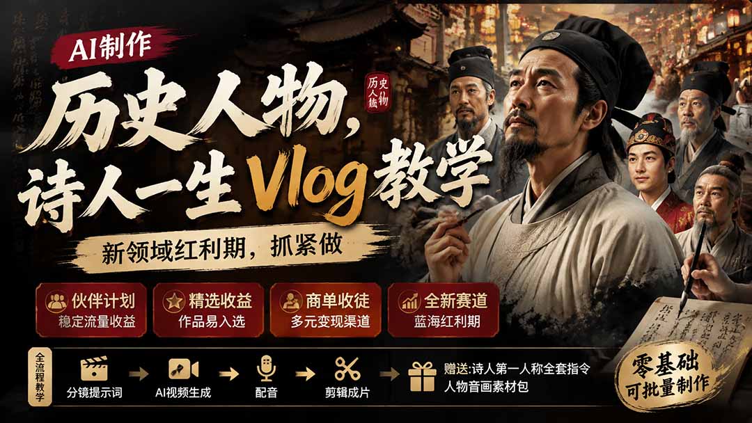 免费资源-历史人物，诗人一生Vlog教学， AI制作丨伙伴计划丨精选收益丨商单收徒 ，新领域红利期，抓紧做-知铺资源网