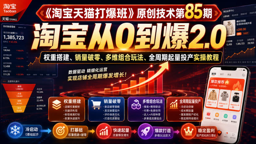 免费资源-《淘宝天猫打爆班》原创技术第85期，淘宝从0到爆2.0，权重搭建、销量破零、多维组合玩法、全周期起量投产实操教程-知铺资源网