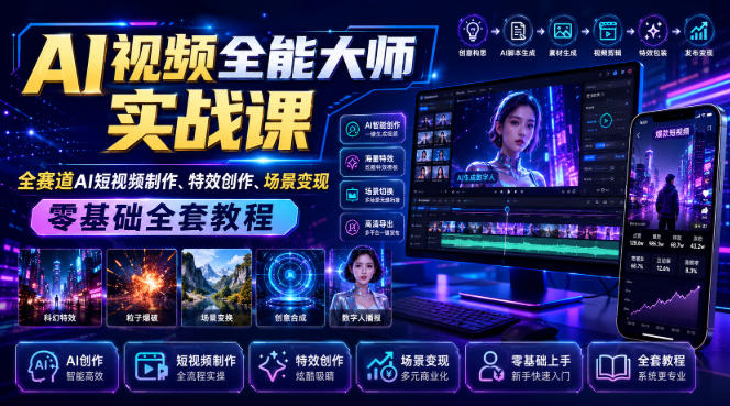 免费资源-AI视频全能大师实战课|全赛道AI短视频制作、特效创作、场景变现零基础全套教程-知铺资源网