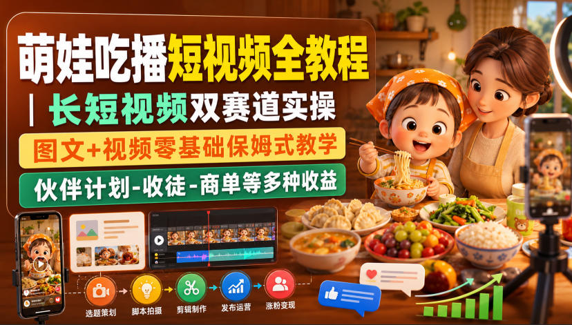 免费资源-萌娃吃播短视频全教程|长短视频双赛道实操,图文+视频零基础保姆式教学,伙伴计划-收徒-商单等多种变现方式-知铺资源网