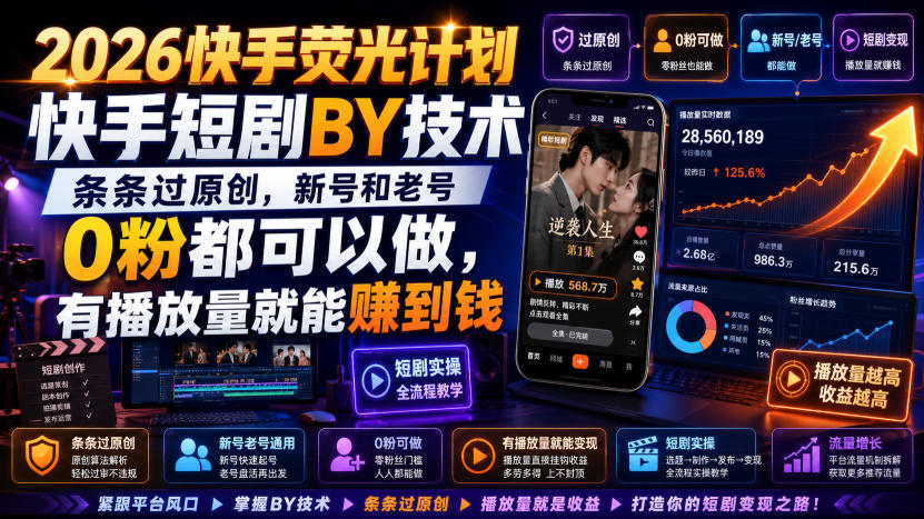 免费资源-2026快手荧光计划，快手短剧搬运技术，条条过原创，新号和老号0粉都可以做，有播放量就能賺到钱-知铺资源网