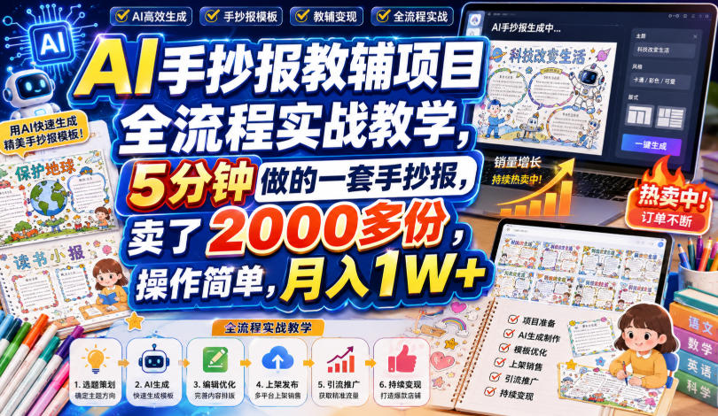 免费资源-AI手抄报教辅项目全流程实战教学,5分钟做的一套手抄报,卖了2000多份,操作简单,月入1W+-知铺资源网