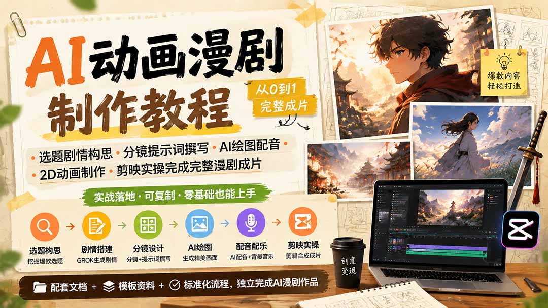 免费资源-AI动画漫剧制作教程|选题剧情构思·分镜提示词撰写·AI绘图配音·2D动画制作·剪映实操完成完整漫剧成片-知铺资源网