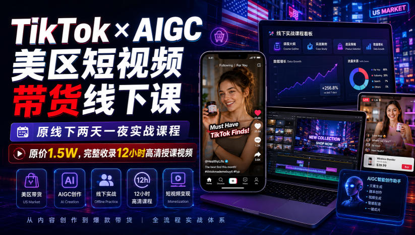 免费资源-TikTok×AIGC美区短视频带货线下课，原线下两天一夜实战课程，原价1.5W，完整收录12小时高清授课视频-知铺资源网