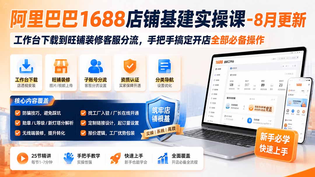 免费资源-阿里巴巴1688店铺基建实操课-8月更新;工作台下载到旺铺装修客服分流,手把手搞定开店全部必备操作-知铺资源网