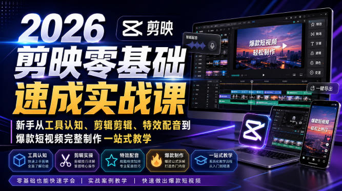 免费资源-2026剪映零基础速成实战课|新手从工具认知、剪辑剪辑、特效配音到爆款短视频完整制作一站式教学-知铺资源网