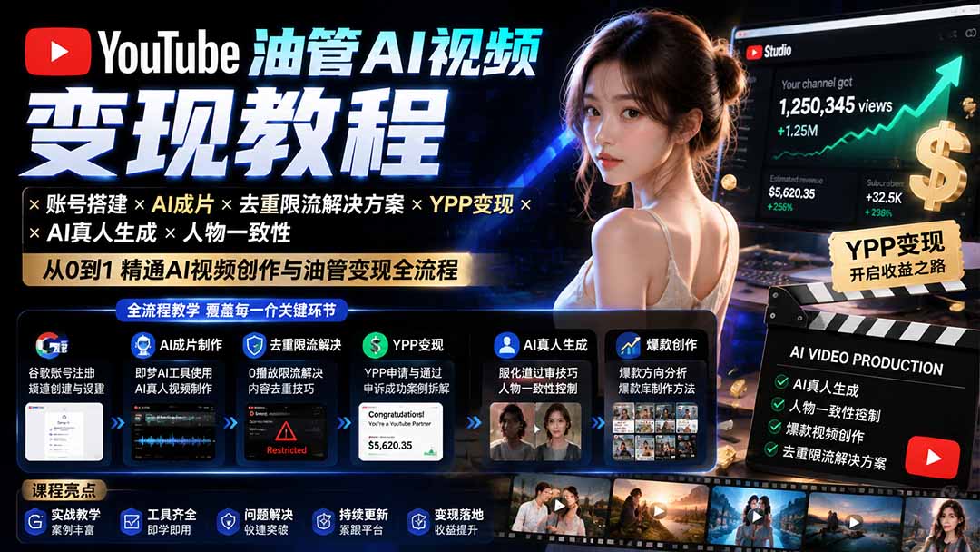 免费资源-YouTube油管AI视频变现教程-更新：账号搭建×AI成片×去重限流解决方案×YPP变现×AI真人生成×人物一致性-知铺资源网
