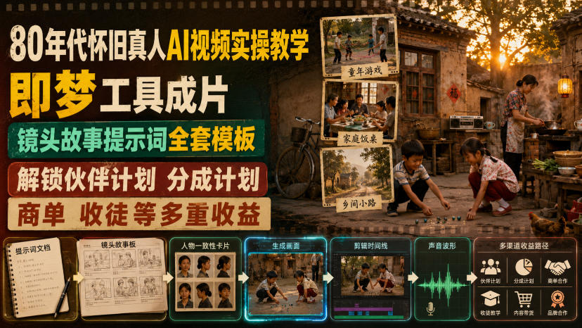 免费资源-80年代怀旧真人AI视频实操教学,即梦工具成片、镜头故事提示词全套模板,解锁伙伴计划分成计划商单收徒等多重收益-知铺资源网