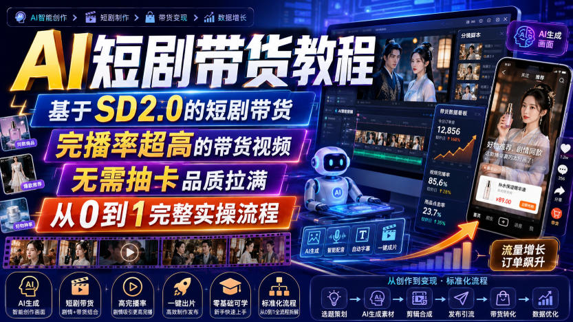 免费资源-AI短剧带货教程,基于SD2.0的短剧带货,完播率超高的带货视频,无需抽卡品质拉满,从0到1完整实操流程-知铺资源网