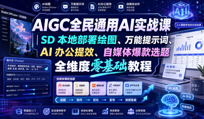 免费资源-AIGC全民通用AI实战课|SD本地部署绘图、万能提示词、AI办公提效、自媒体爆款选题全维度零基础教程-知铺资源网