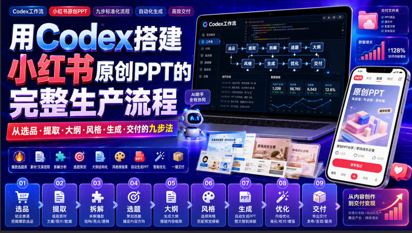 免费资源-用Codex搭建小红书原创PPT的完整生产流程,从选品·提取·大纲·风格·生成·交付的九步法-知铺资源网