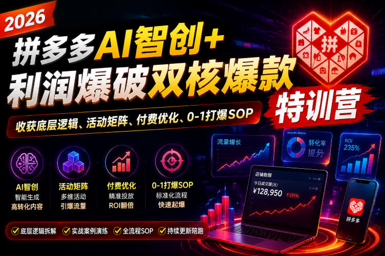 免费资源-2026拼多多AI智创+利润爆破双核爆款特训营,收获底层逻辑、活动矩阵、付费优化、0-1打爆SOP(更新0810)-知铺资源网