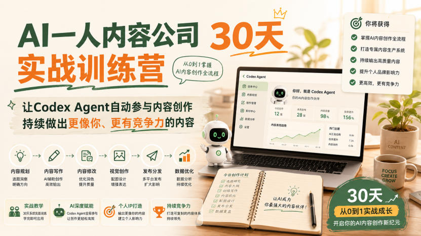 免费资源-AI一人内容公司30天实战训练营,让Codex Agent自动参与内容创作持续做出更像你、更有竞争力的内容-知铺资源网