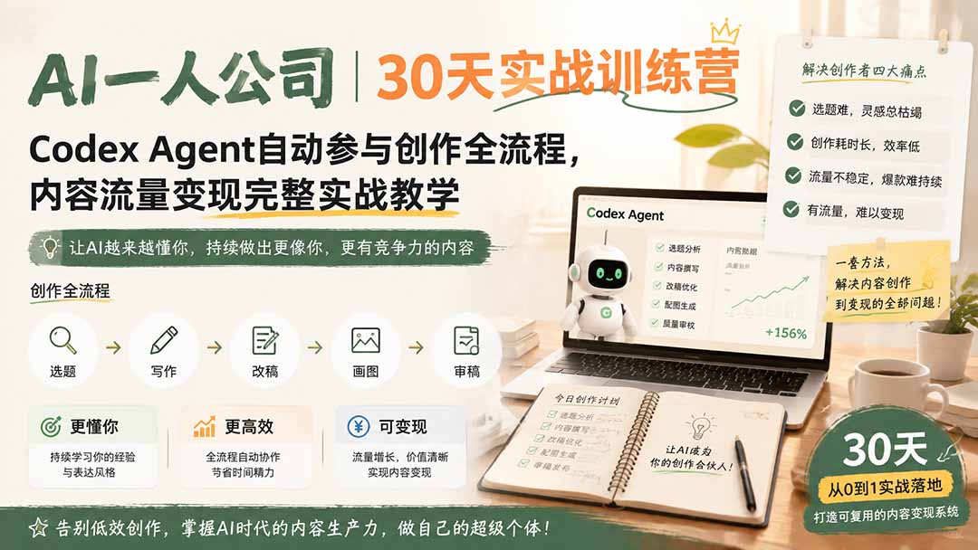 免费资源-AI一人公司｜30天实战训练营；Codex Agent自动参与创作全流程，内容流量变现完整实战教学-知铺资源网