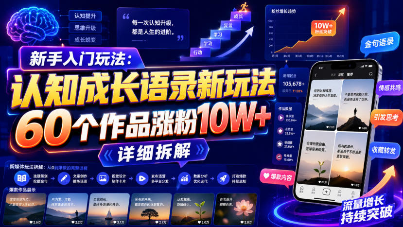 免费资源-新手入门玩法:认知成长语录新玩法,60个作品涨粉10W+,详细拆解-知铺资源网