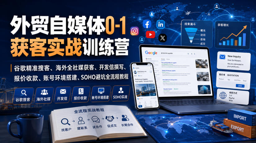 免费资源-外贸自媒体0-1获客实战训练营|谷歌精准搜客、海外全社媒获客、开发信撰写、报价收款、账号环境搭建、SOHO避坑全流程教程-知铺资源网