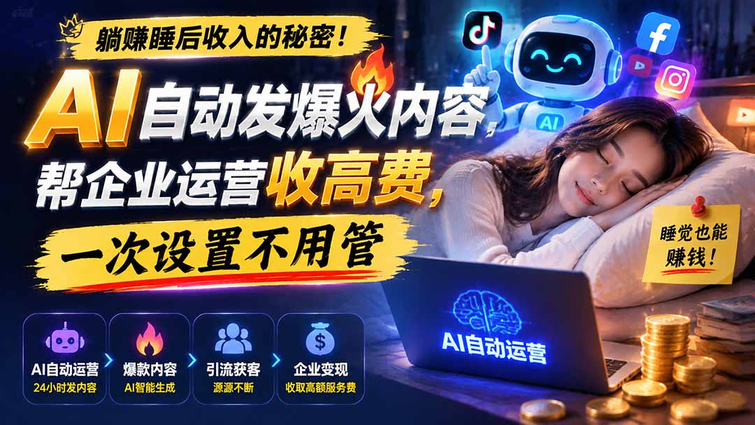 免费资源-躺赚睡后收入的秘密！AI 自动发爆火内容，帮企业运营收高费，一次设置不用管【原创双语字幕】-知铺资源网