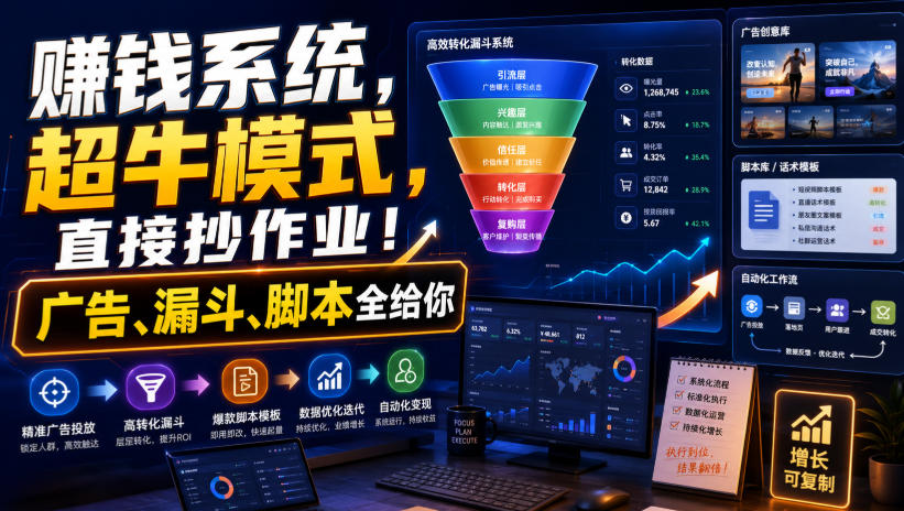 免费资源-賺钱系统,超牛模式,直接抄作业!广告、漏斗、脚本全给你【原创双语字幕】-知铺资源网