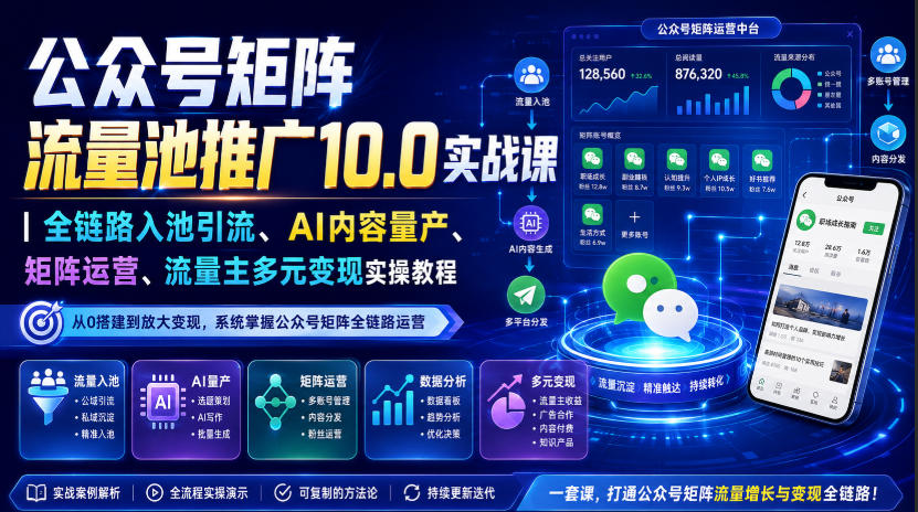 免费资源-公众号矩阵流量池推广10.0实战课｜全链路入池引流、AI内容量产、矩阵运营、流量主多元变现实操教程-知铺资源网