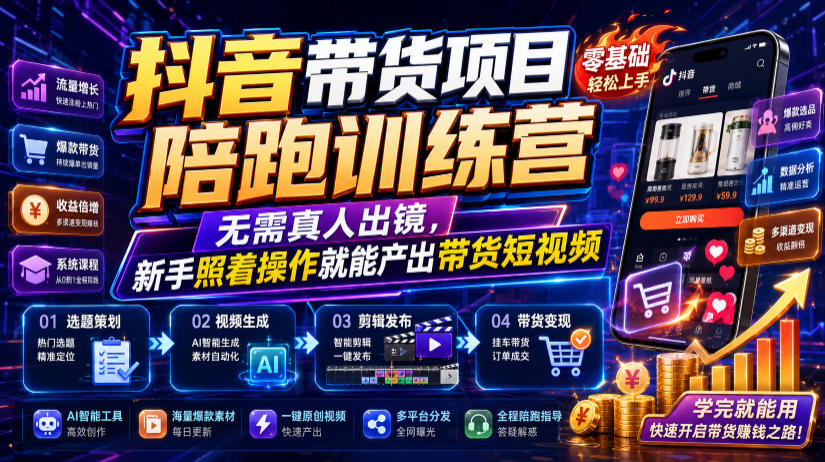 免费资源-抖音带货项目陪跑训练营，无需真人出镜，新手照着操作就能产出带货短视频(更新0811)-知铺资源网