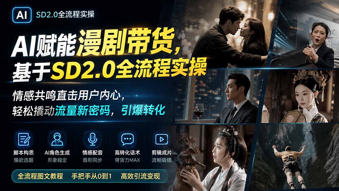 免费资源-AI赋能漫剧带货，基于SD2.0全流程实操；情感共鸣直击用户内心，轻松撬动流量新密码，引爆转化-知铺资源网