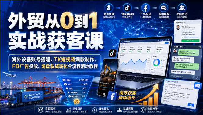 免费资源-外贸从0到1实战获客课|海外设备账号搭建、TK短视频爆款制作、FB广告投放、询盘私域转化全流程落地教程-知铺资源网
