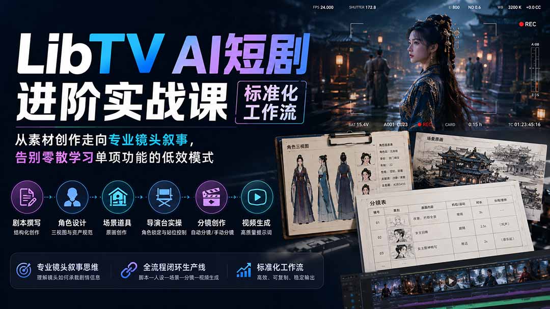 免费资源-LibTV AI短剧进阶实操课标准化工作流；从素材创作走向专业镜头叙事，告别零散学习单项功能的低效模式-知铺资源网