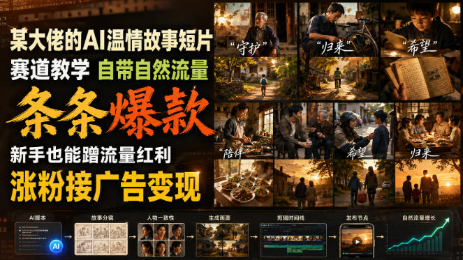 免费资源-某大佬的AI温情故事短片赛道教学，自带自然流量，条条爆款，新手也能蹭流量红利，涨粉接广告变现-知铺资源网