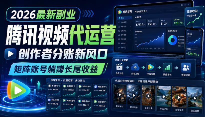免费资源-2026最新副业之腾讯视频代运营：创作者分账新风口，矩阵账号躺賺长尾收益【揭秘】-知铺资源网