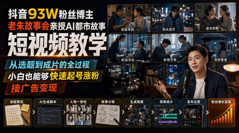 免费资源-抖音93W粉丝博主老朱故事会亲授AI都市故事短视频教学，从选题到成片的全过程，小白也能够快速起号涨粉接广告变现-知铺资源网