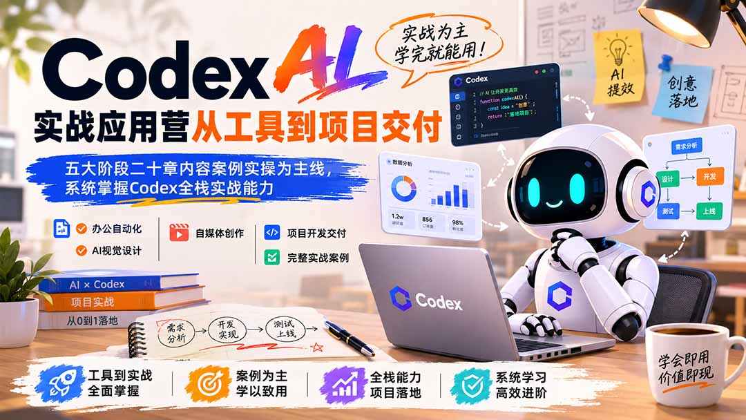 免费资源-Codex AI实战应用营从工具到项目交付;五大阶段二十章内容案例实操为主线,系统掌握Codex全栈实战能力-知铺资源网