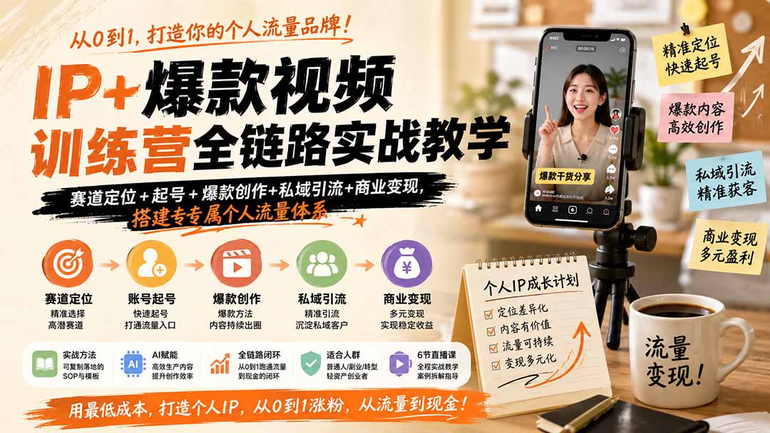 免费资源-IP+爆款视频训练营全链路实战教学;赛道定位+起号+爆款创作+私域引流+商业变现,搭建专属个人流量体系-知铺资源网