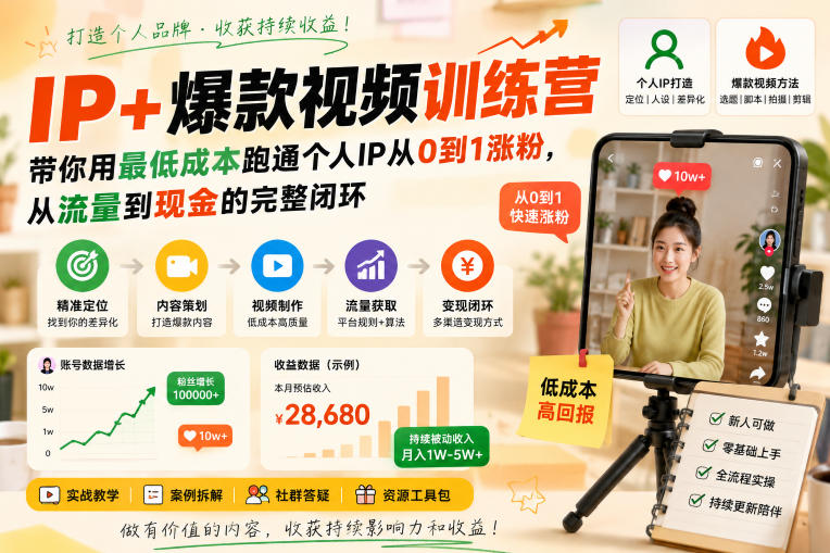 免费资源-IP+爆款视频训练营,带你用最低成本跑通个人IP从0到1涨粉,从流量到现金的完整闭环-知铺资源网