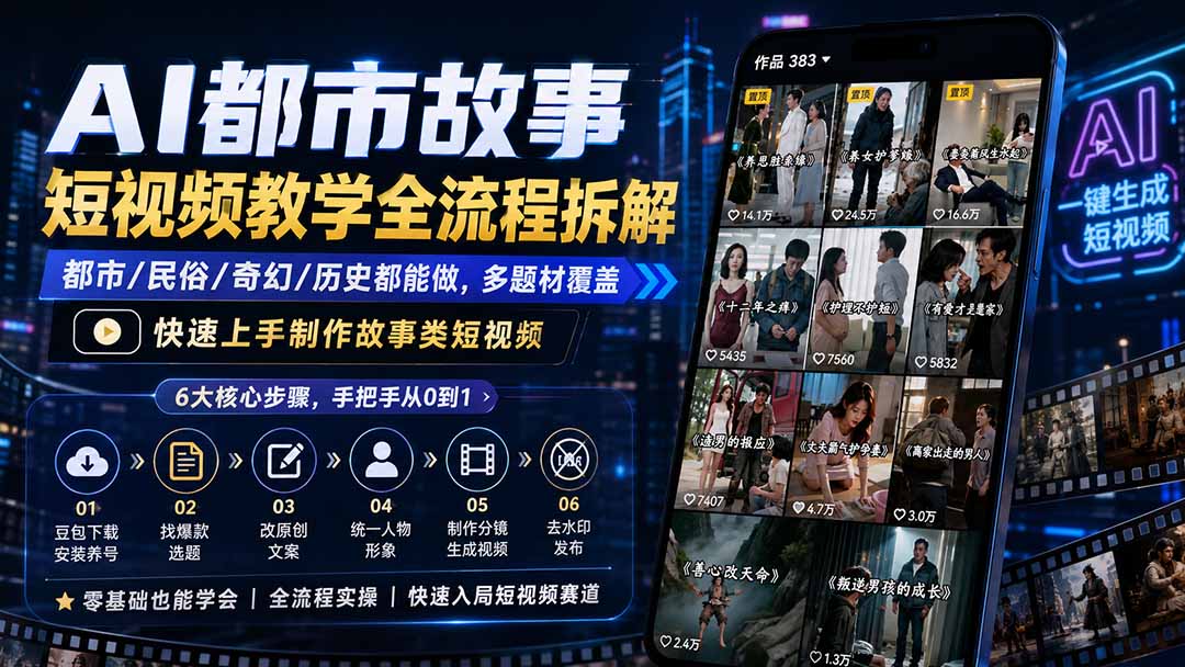 免费资源-AI都市故事短视频教学全流程拆解；都市/民俗/奇幻/历史都能做多题材覆盖，快速上手制作故事类短视频-知铺资源网