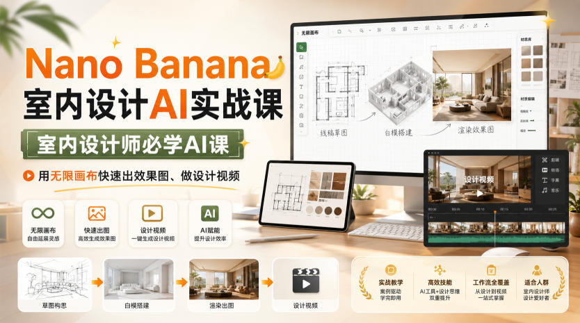 免费资源-Nano Banana室内设计AI实战课，室内设计师必学AI课，用无限画布快速出效果图、做设计视频-知铺资源网
