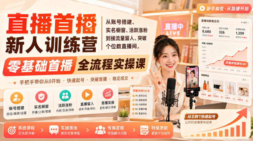 免费资源-直播首播新人训练营｜从账号搭建、实名橱窗、活跃涨粉到接流量留人、突破个位数直播间，零基础首播全流程实操课-知铺资源网