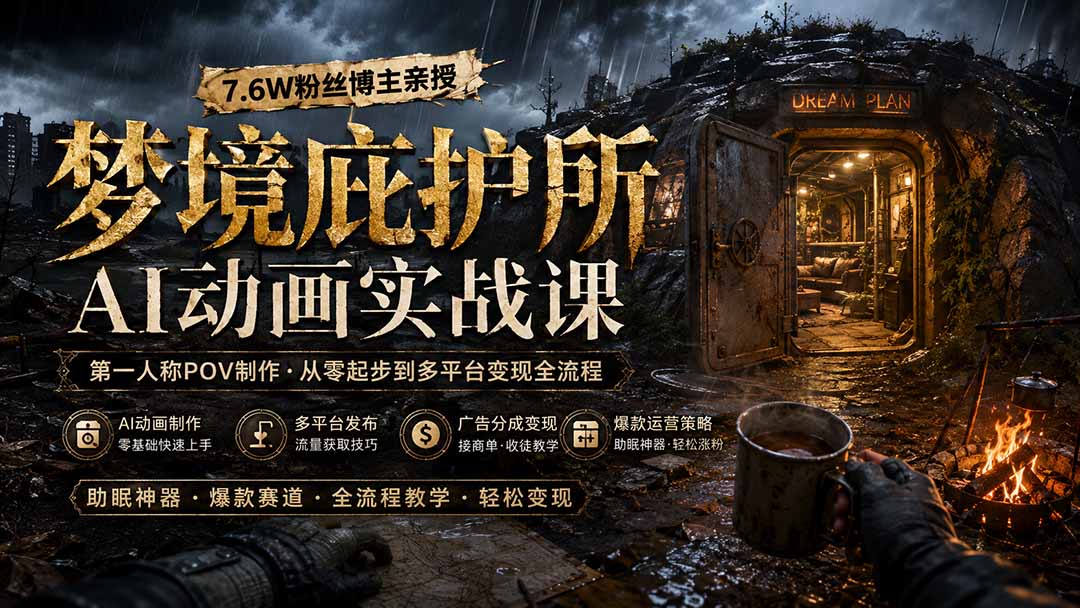 免费资源-梦境庇护所AI动画实战课：7.6W粉丝博主亲授第一人称POV制作，从零起步到多平台发布变现全流程-知铺资源网