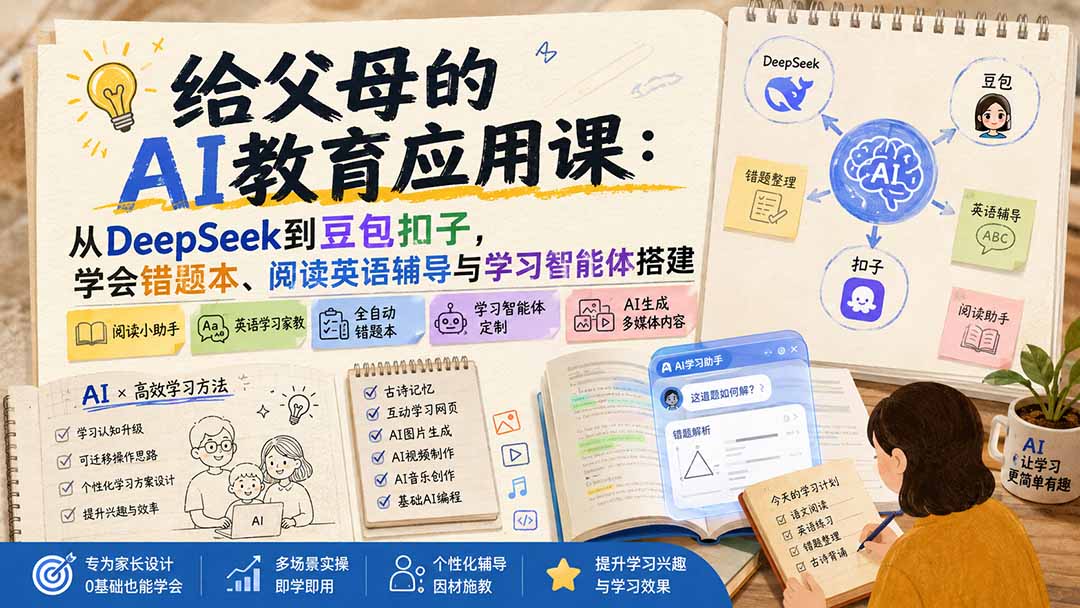 免费资源-给父母的AI教育应用课:从DeepSeek到豆包扣子,学会错题本、阅读英语辅导与学习智能体搭建-知铺资源网