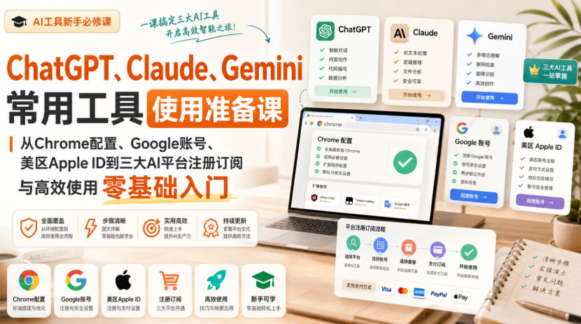 免费资源-ChatGPT、Claude、Gemini常用工具使用准备课|从Chrome配置、Google账号、美区Apple ID到三大AI平台注册订阅与高效使用零基础入门-知铺资源网