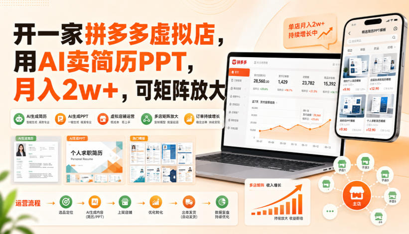 免费资源-开一家拼多多虚拟店,用AI卖简历PPT,月入2w+,可矩阵放大【揭秘】-知铺资源网