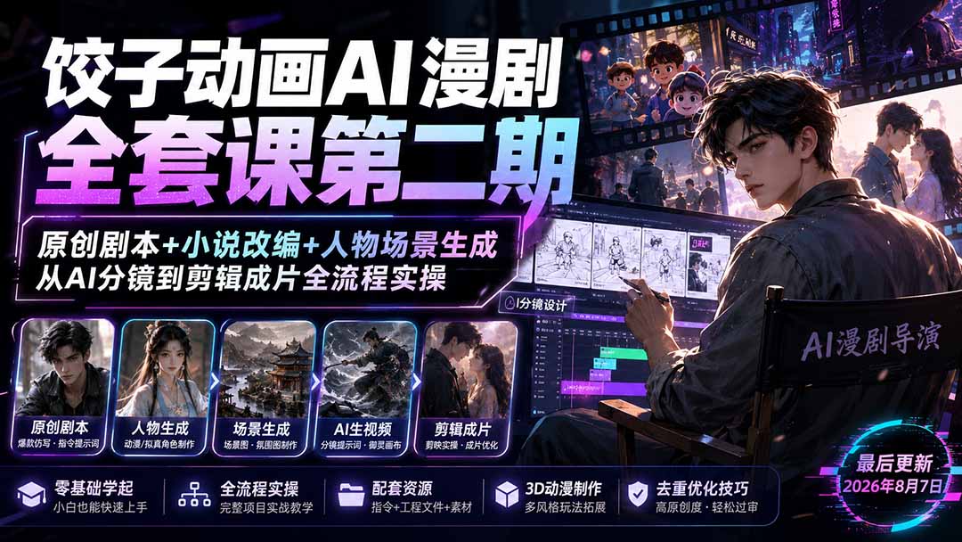 免费资源-饺子动画AI漫剧全套课第二期：原创剧本+小说改编+人物场景生成，从AI分镜到剪辑成片全流程实操-知铺资源网