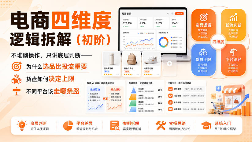 免费资源-电商四维度逻辑拆解(初阶)不堆砌操作,只讲底层判断——为什么选品比投流重要、货盘如何决定上限、不同平台该走哪条路-知铺资源网