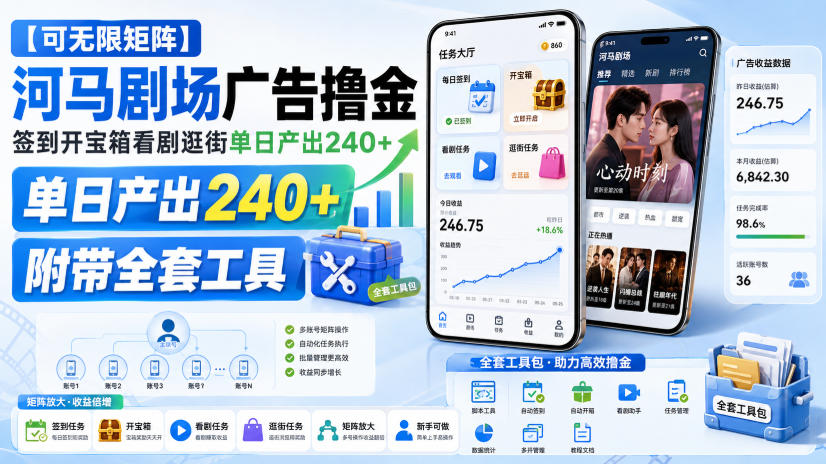免费资源-【可无限矩阵】河马剧场广告撸金，签到开宝箱看剧逛街单日产出240+，附带全套工具【揭秘】-知铺资源网