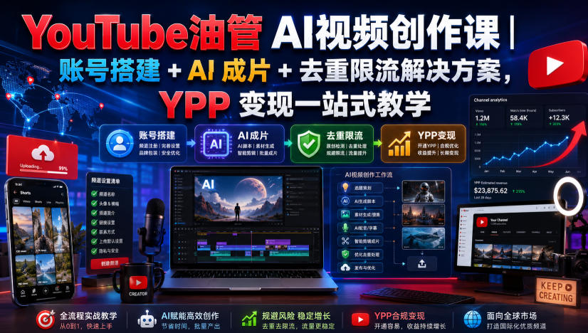 免费资源-YouTube油管AI视频创作课|账号搭建+AI成片+去重限流解决方案,YPP变现一站式教学(更新0817)-知铺资源网