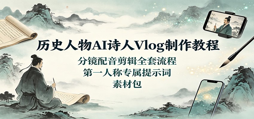 免费资源-历史人物AI诗人Vlog制作教程：分镜配音剪辑全套流程，第一人称专属提示词素材包-知铺资源网