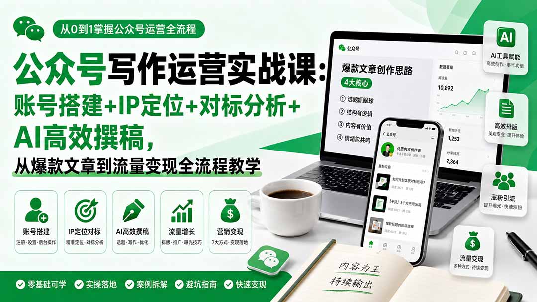 免费资源-公众号写作运营实战课:账号搭建+IP定位+对标分析+AI高效撰稿,从爆款文章到流量变现全流程教学-知铺资源网