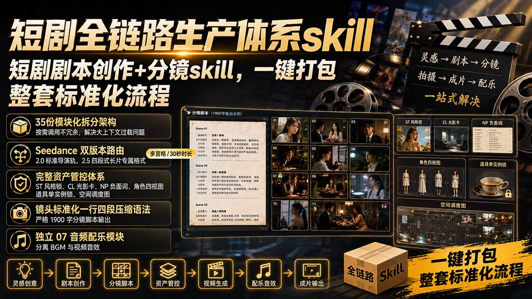 免费资源-短剧全链路生产体系skill，短剧剧本创作+分镜skill，一键打包，整套标准化流程-知铺资源网