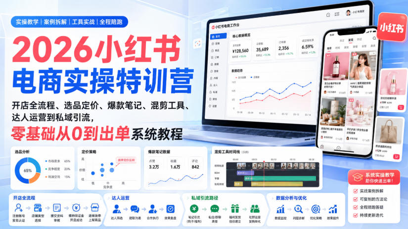 免费资源-2026小红书电商实操特训营｜开店全流程、选品定价、爆款笔记、混剪工具、达人运营到私域引流，零基础从0到出单系统教程-知铺资源网