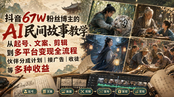 免费资源-抖音67W粉丝博主的AI民间故事教学,从起号、文案、剪辑到多平台变现全流程,伙伴分成计划接广告等多种收益,月入1W+-知铺资源网